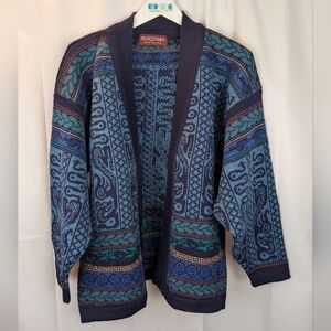Past Times vintage Blue Patterned Cardigan Made In England Size XL